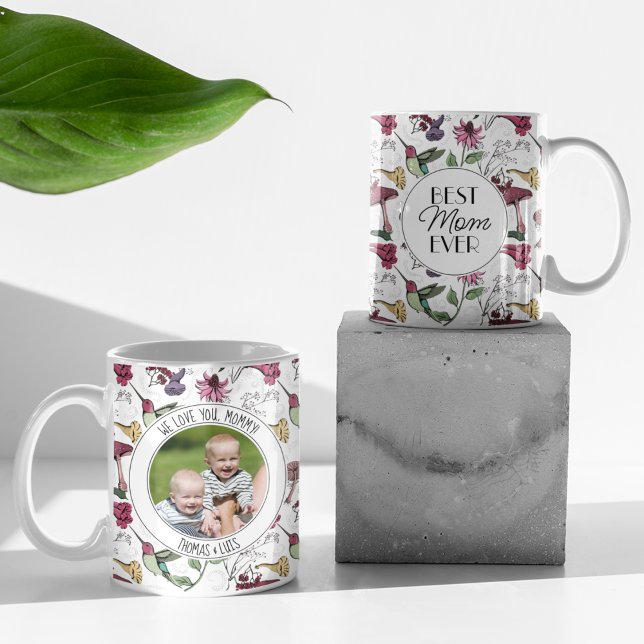 Best Mum Ever Hummingbird and Hibiscus Flowers Coffee Mug (White Mug with Hand-Drawn Hummingbird, Flowers & Mushrooms. Custom Photo & 2 Personalized Texts.)
