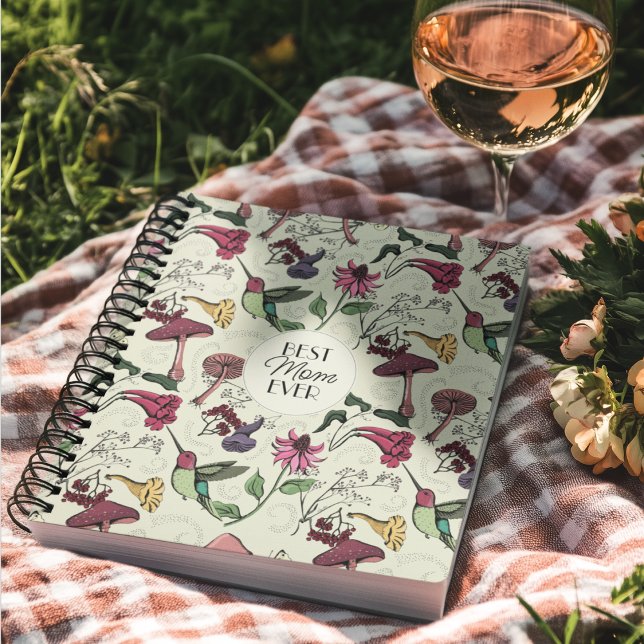 Best Mum Ever Hummingbird Colibri Exotic Flowers Notebook (Elegant Pattern Drawing: Cute Hummingbirds, Wildflowers,  Flowers, Mushrooms. Soft Yellow Background)