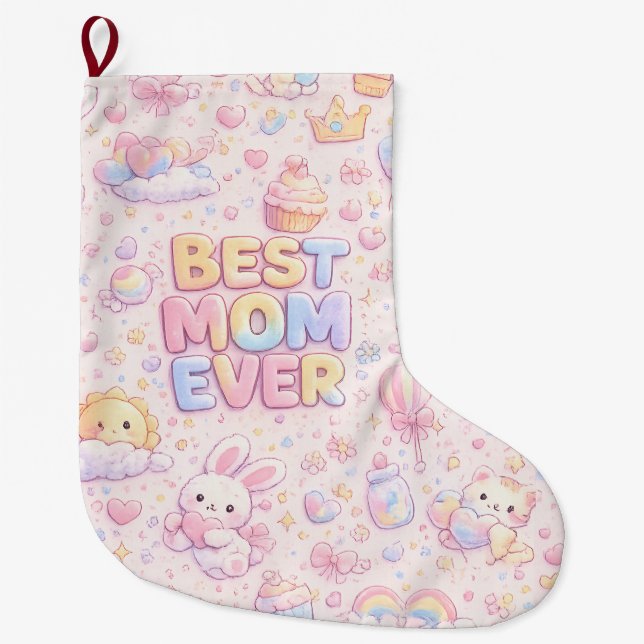 Best Mum Ever Kawaii Pastel Pattern | Cute Bunny & Large Christmas Stocking (Front)