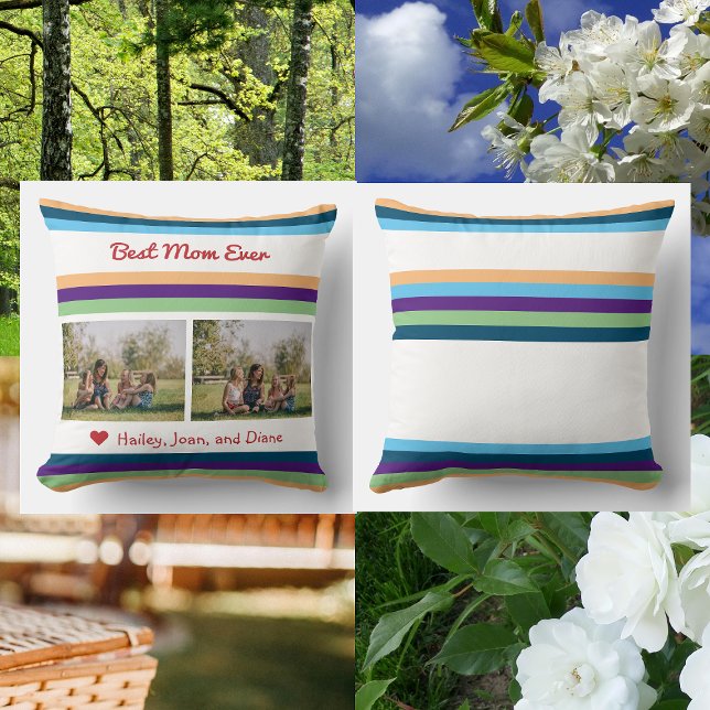Best Mum Ever Love 2 Photos Names Colour Bands Mak Cushion (Best Mom Ever. Personalized pillow for Mother's Day or bday w/ 2 photos + names. Minimalist, modern)