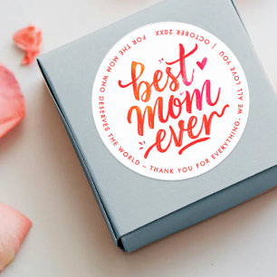 Best Mum Ever Modern Red And White Brush Script Classic Round Sticker