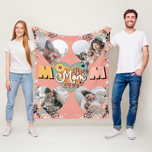 Best Mum Ever Multi Heart shape Photo Fleece Blank Blanket (In Situ)