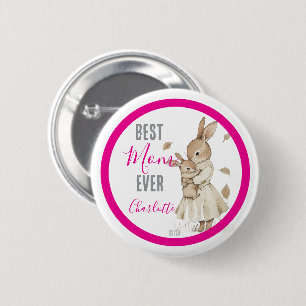 Best Mum Ever, Mum & Baby Rabbit Pink Name 6 Cm Round Badge