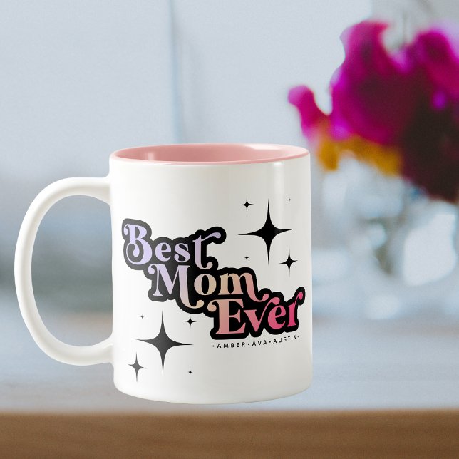 Best Mum Ever Mummy Kids Name Retro Pink Two-Tone Coffee Mug (Creator Uploaded)