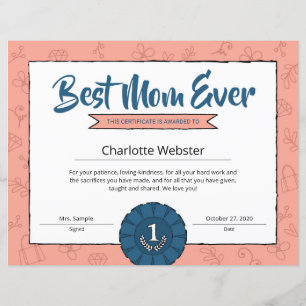 Best Mum Ever Parent Certificate Mother’s DayAward