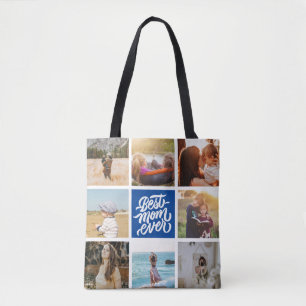 Best Mum Ever Personalised Photo Collage Navy Blue Tote Bag