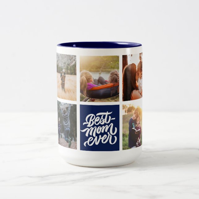 Best Mum Ever Personalised Photo Collage Navy Blue Two-Tone Coffee Mug (Center)