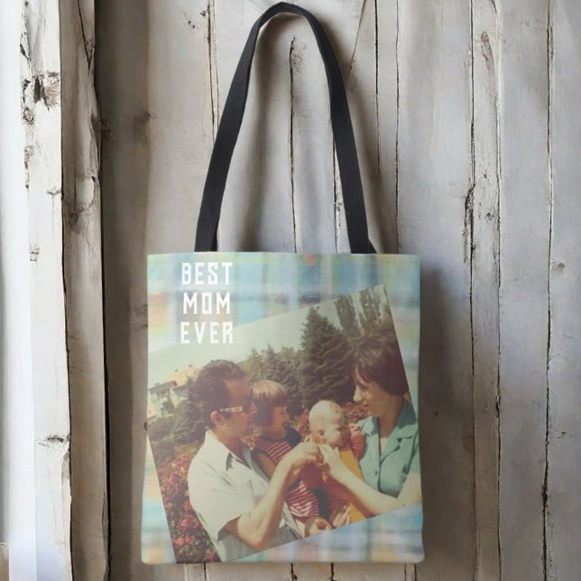 Best Mum Ever photo custom plaid pastel teal green Tote Bag (Creator Uploaded)