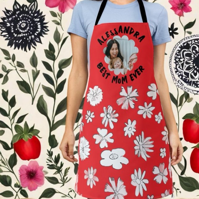 Best mum ever photo monogram floral red white  apron (Creator Uploaded)