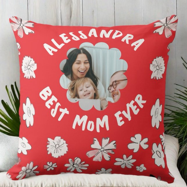 Best mum ever photo monogram wildflower red white  cushion (Creator Uploaded)