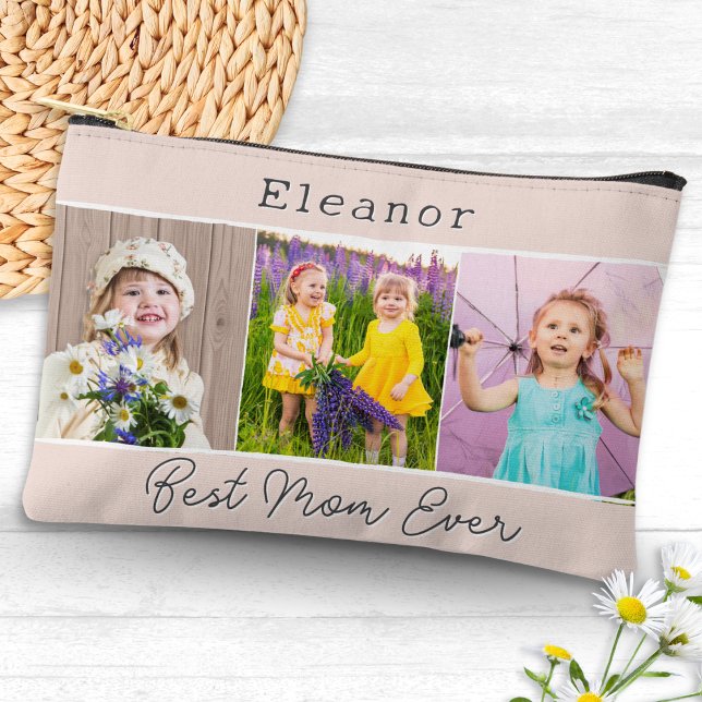 Best Mum Ever Pink 3 Photos Monogrammed Accessory Pouch (A pretty accessory pouch for the 'Best Mom Ever', with custom photos, name, and monogram on the back)