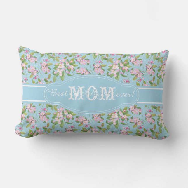 Best Mum Ever Pink Apple Blossom on Blue Pattern Lumbar Cushion (Front)