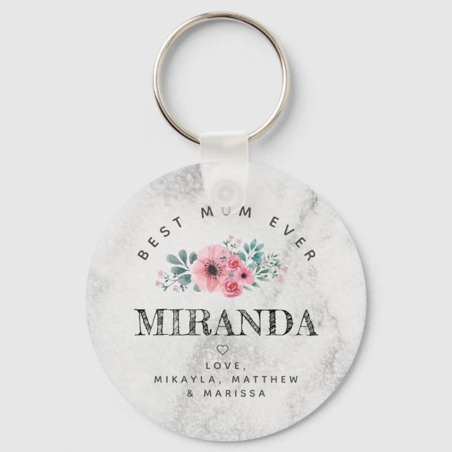 Best Mum Ever pink flowers marble background Key Ring (Front)