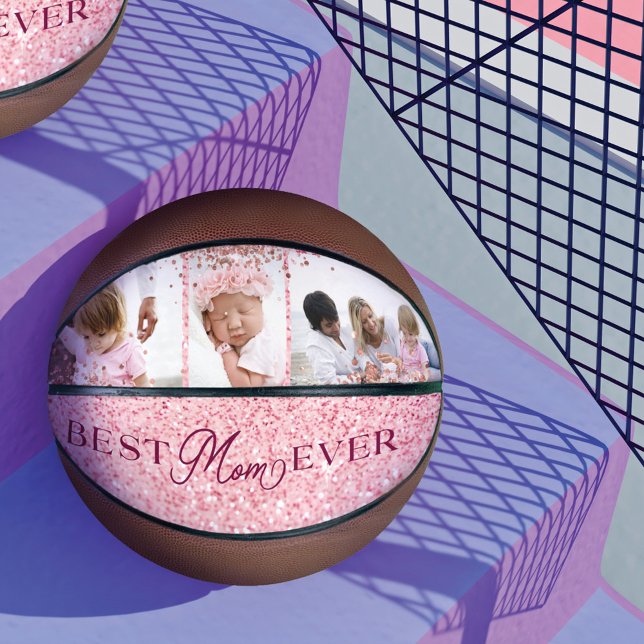Best Mum Ever Pink Glitter Photo Collage Basketball (Best Mom Ever Pink Glitter Photo Collage Basketball)