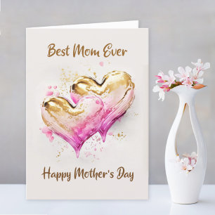 Best Mum Ever Pink Gold Hearts Mothers Day Holiday Card