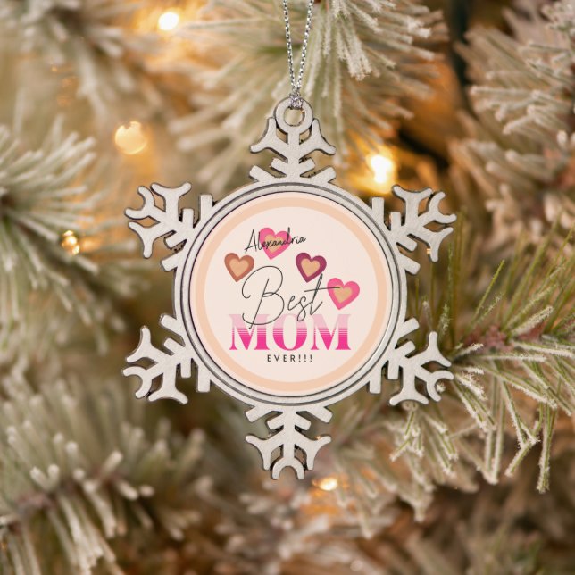 Best Mum Ever, Pink Hearts Lovely Modern  Snowflake Pewter Christmas Ornament (Tree)