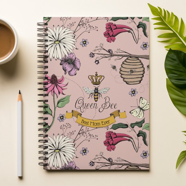 Best Mum Ever Queen Bee and Crown Pink Notebook (Chic Pink Hand-Drawn Royal Queen Bee Illustration with 3 Custom Texts.
Front: 1 Text
Back: 2 Texts)
