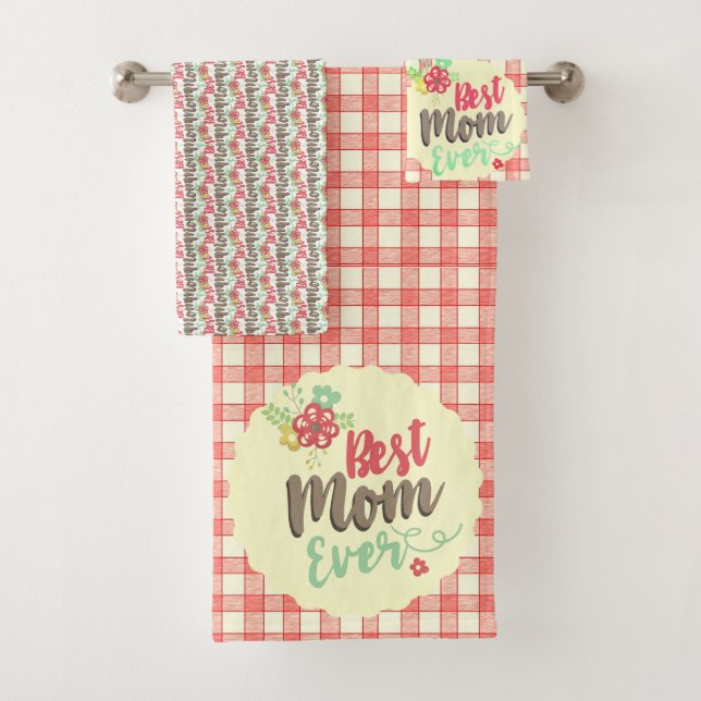 "Best Mum Ever" Red Gingham Towel Set options (Insitu)