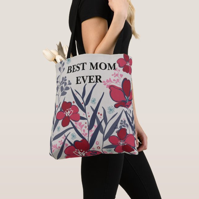 Best mum ever Red & Pink floral Pattern Tote Bag (Close Up)