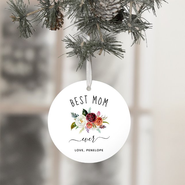Best Mum Ever | Trendy Burgundy Boho Floral Photo Ornament (A sweet and simple holiday keepsake ornament for your mother)