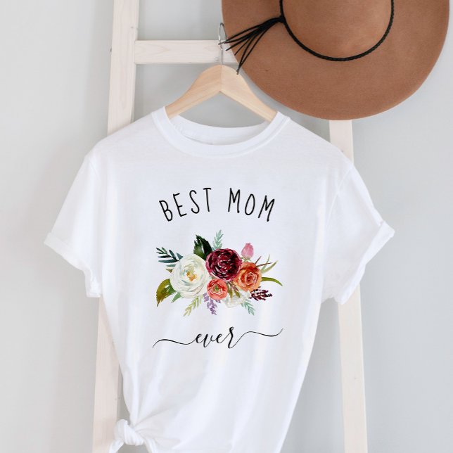 Best Mum Ever | Trendy Burgundy Boho Floral T-Shirt (Creator Uploaded)