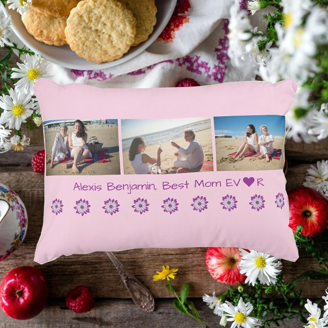 Best Mum Ever, w/ Heart. Name + 3 Photos Collage Decorative Cushion (Best Mom Ever. Heart. Personalized name. Collage of 3 photos. Modern, cute Mother's Day gift for Mom)