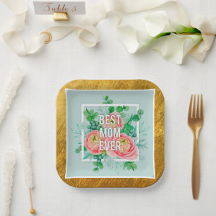 Best Mum Ever Watercolor Floral Green & Gold Paper Plate