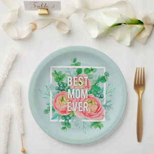 Best Mum Ever Watercolor Floral Green & Gold Paper Plate