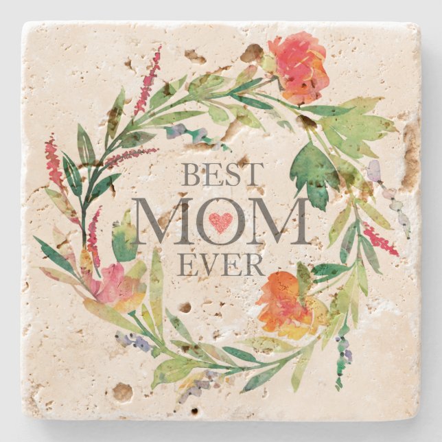 Best Mum Ever-Watercolors Flowers Wreath Stone Coaster (Front)