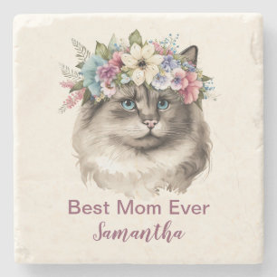 Best Mum Ever Whimsical Floral Ragdoll Cat Stone Coaster