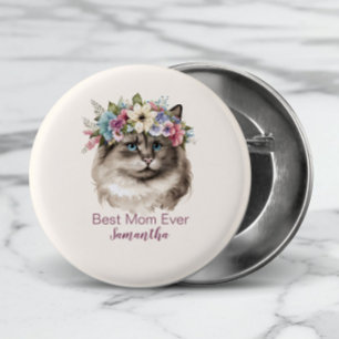 Best Mum Ever Whimsical Watercolor Floral Cat 3 Cm Round Badge