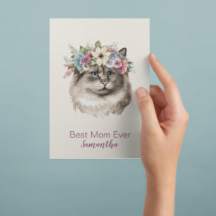 Best Mum Ever Whimsical Watercolor Floral Cat Postcard