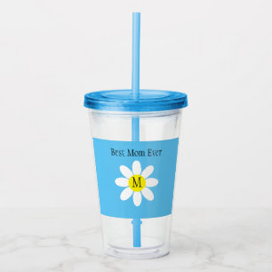 Best Mum Ever White Daisy Sky Blue Single Initial Acrylic Tumbler