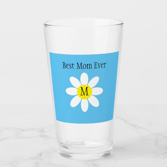 Best Mum Ever White Daisy Sky Blue Single Initial  Glass (Front)