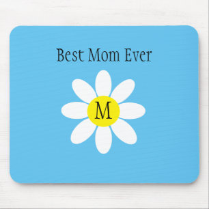 Best Mum Ever White Daisy Sky Blue Single Initial  Mouse Pad