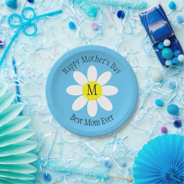 Best Mum Ever White Daisy Sky Blue Single Initial Paper Plate (Party)
