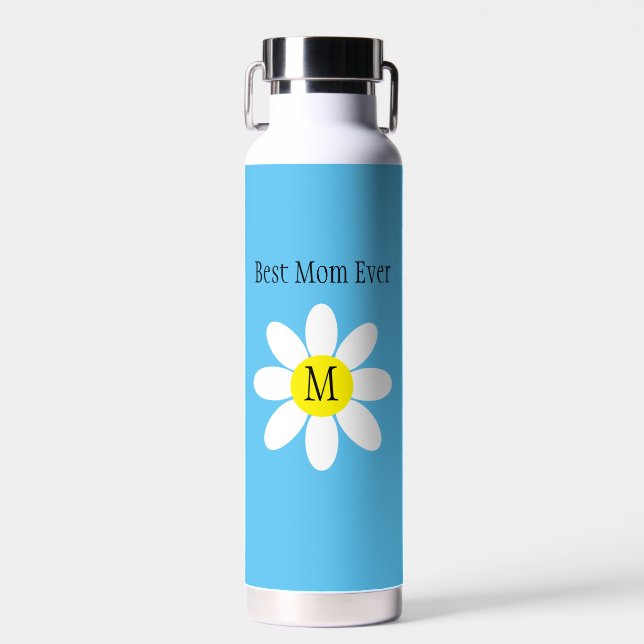Best Mum Ever White Daisy Sky Blue Single Initial  Water Bottle (Front)