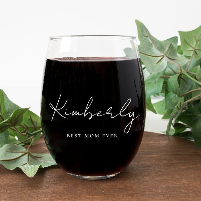 Best Mum Ever White Script Monogram Stemless Wine Glass (Creator Uploaded)