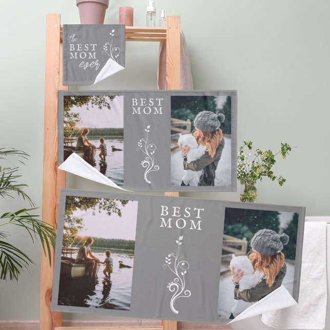 Best Mum Foliage 2 Custom Photos Mother Grey Bath Towel Set (Creator Uploaded)