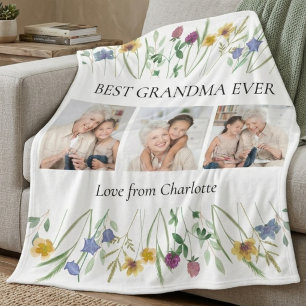Best Mum Grandma Ever Photo Floral Fleece Blanket