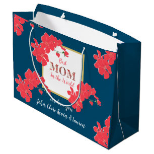 Best Mum in the World Teal Red Gold Cherry Blossom Large Gift Bag