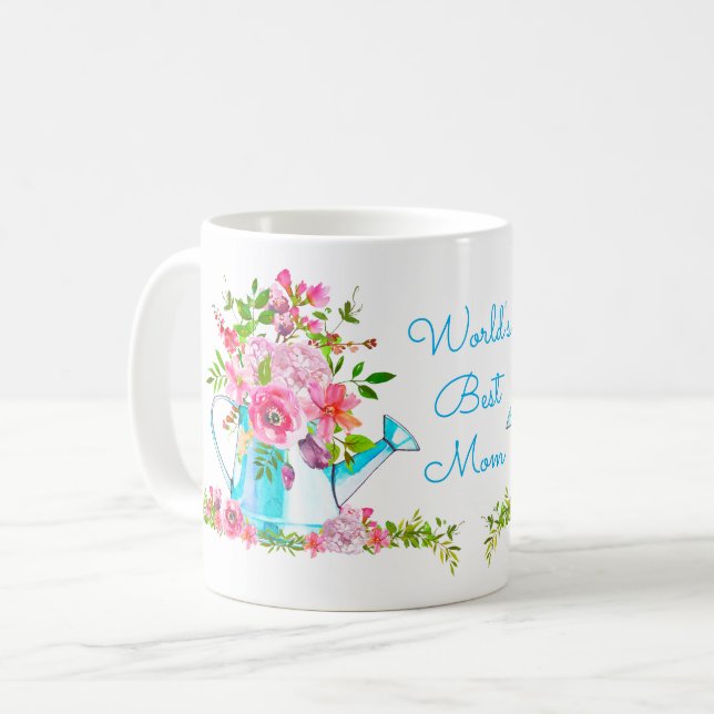 Best Mum Lovely Pink Blue Floral Custom Coffee Mug (Front Left)