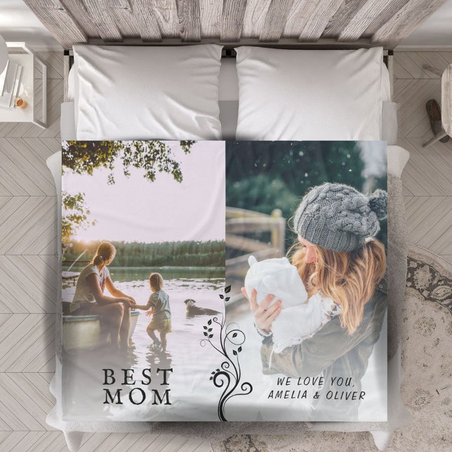 Best Mum Modern Foliage 2 Custom Photos Mother Fleece Blanket (Creator Uploaded)