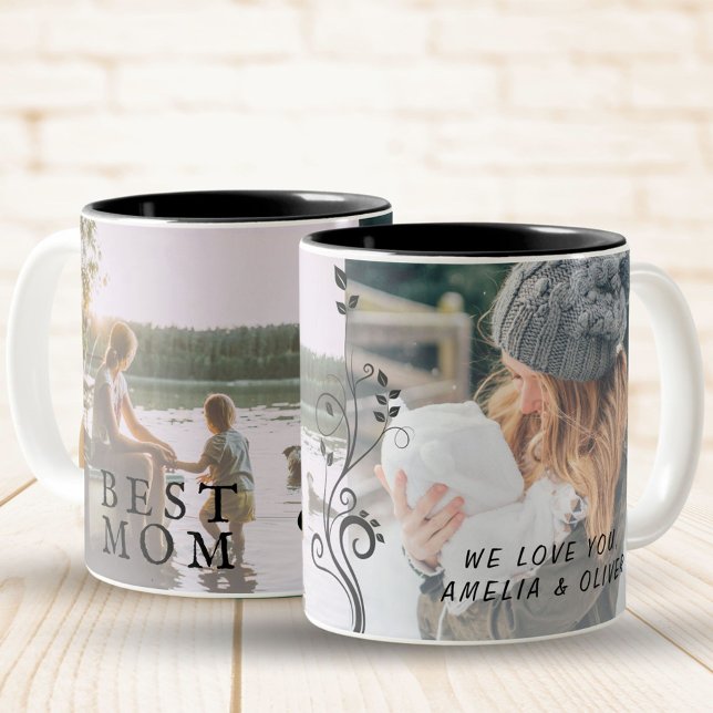 Best Mum Modern Foliage 2 Custom Photos Mother  Two-Tone Coffee Mug (Creator Uploaded)
