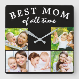 Best Mum of All Time Photo Collage Black Square Wall Clock