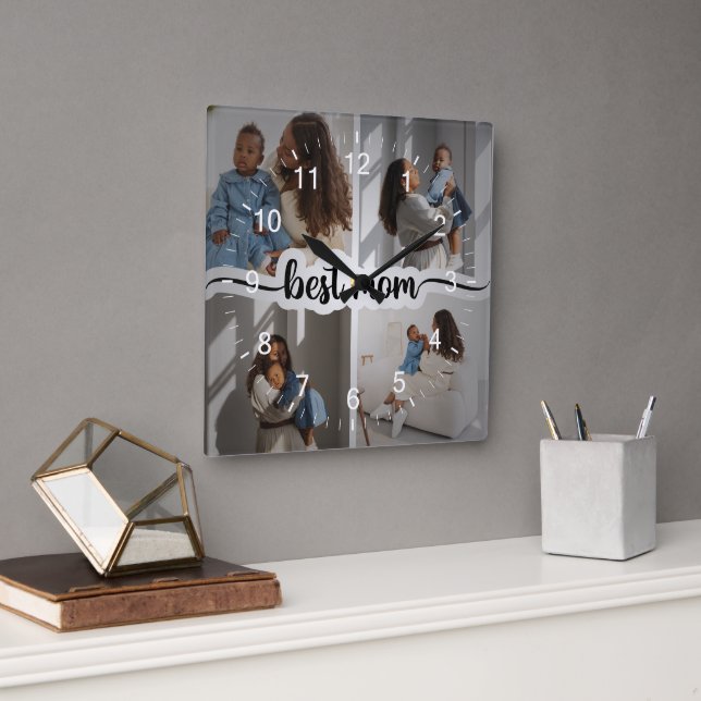 Best Mum Personalised 4 Photo Collage Square Wall Clock (Office)