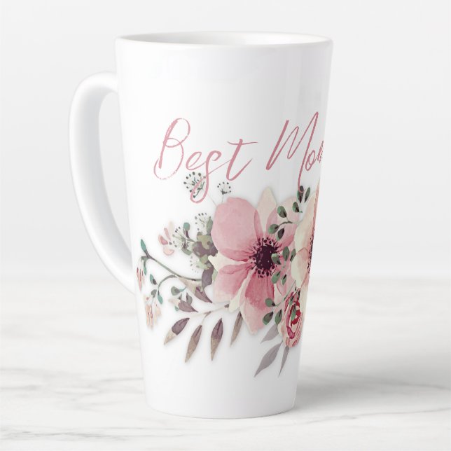 Best Mum Pink Flowers Latte Mug (Left Angle)