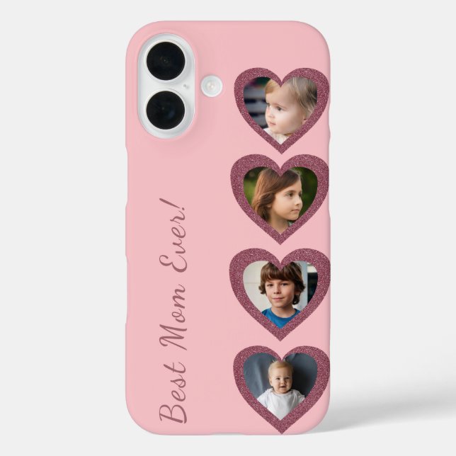 Best Mum Pink Hearts Four Photo Collage Template Case-Mate iPhone Case (Back)