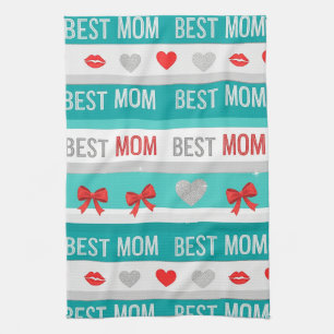 Best Mum Pop Art Hearts & Bows Retro Tea Towel