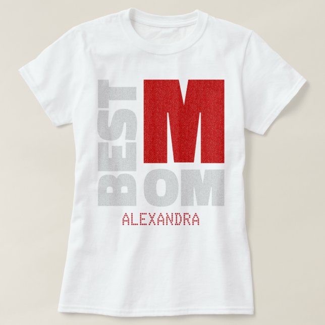 Best Mum Red Silver Glitter Name Customised T-Shirt (Design Front)